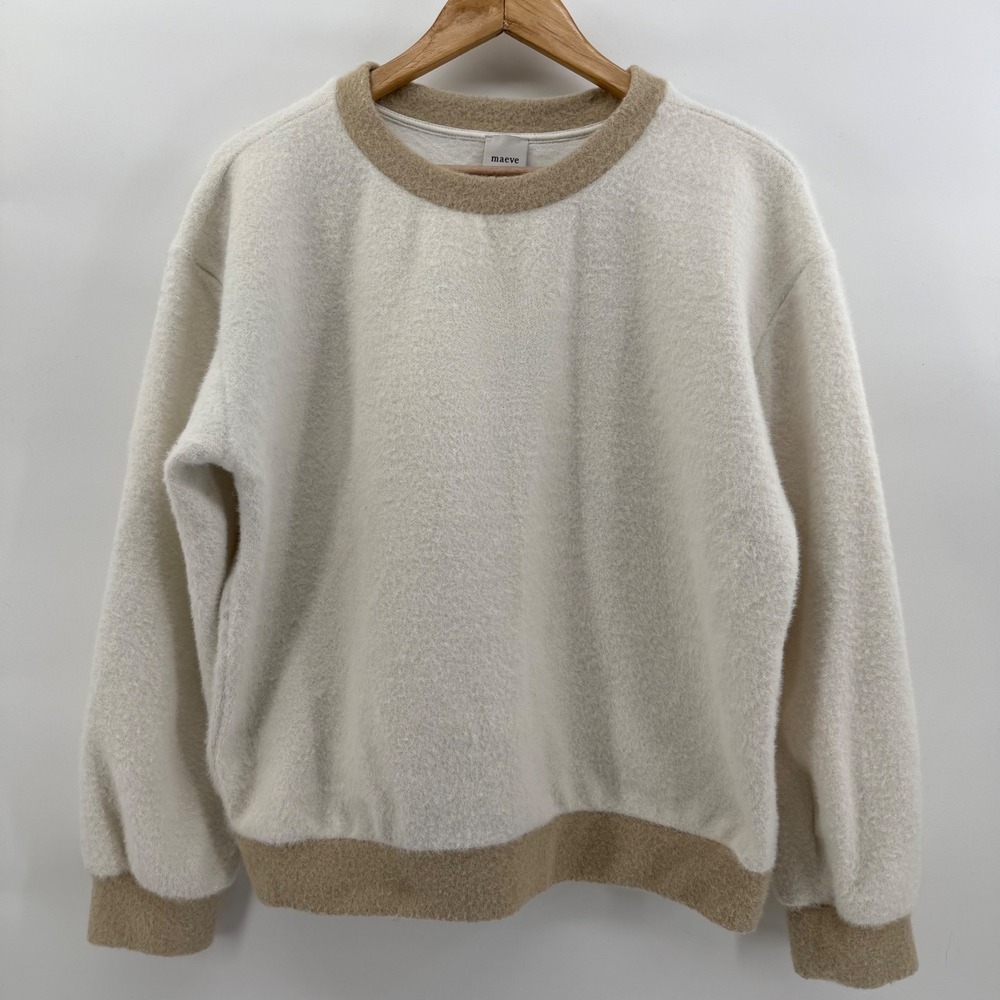 Maeve Anthropologie Cream Tan Fuzzy Eyelash Knit Crewneck Sweatshirt Small